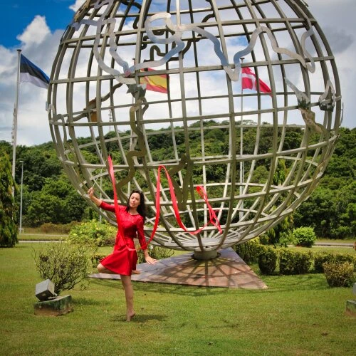 girl with red ribbon at guiana space center kourou french guiana