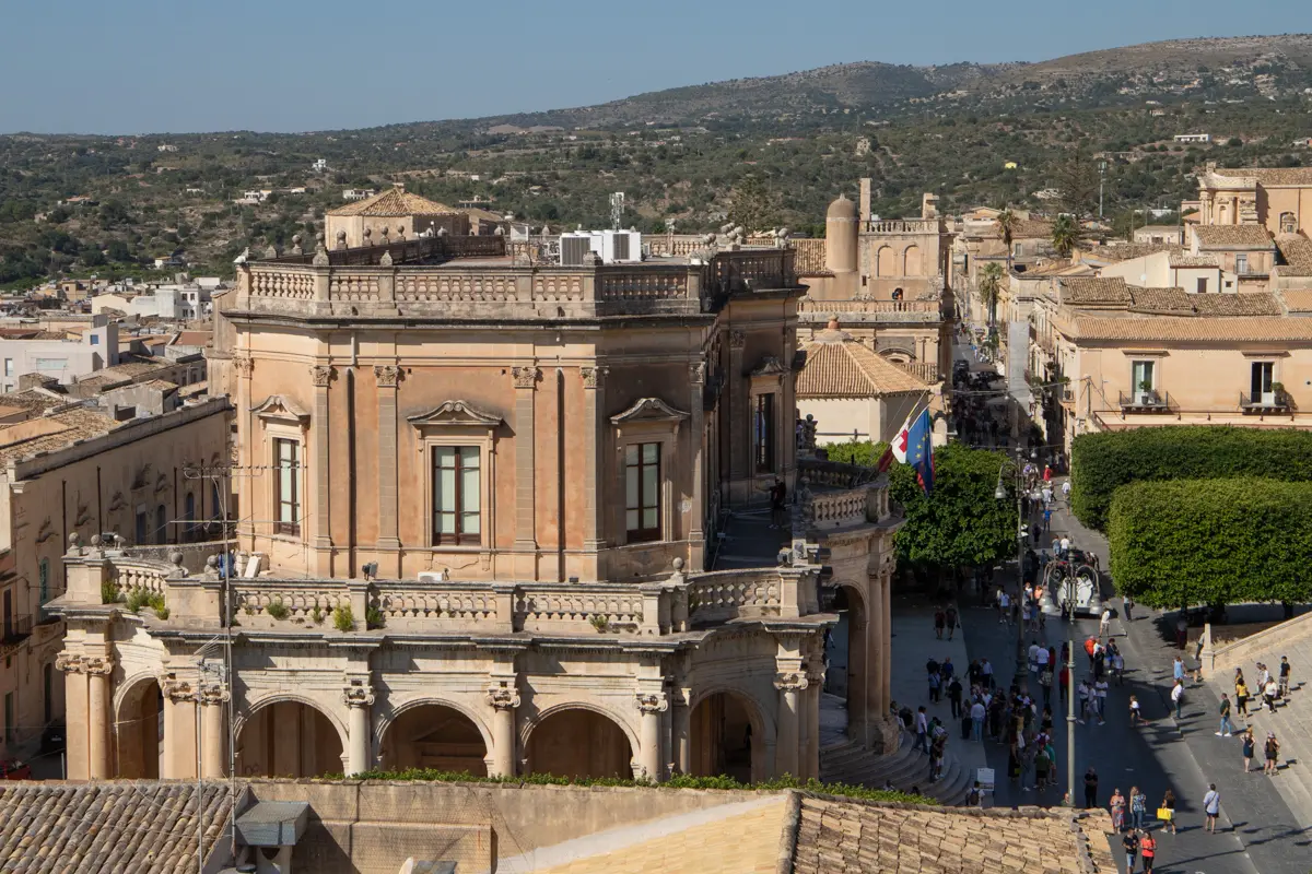 view of a city from above in the front palazzo ducezio in noto municipality