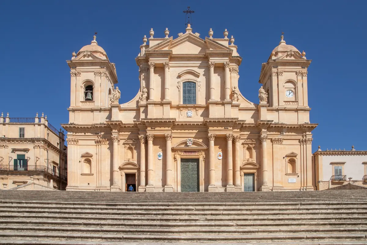 view of a baroque church at the end of a stair san nicolo cathedral in noto