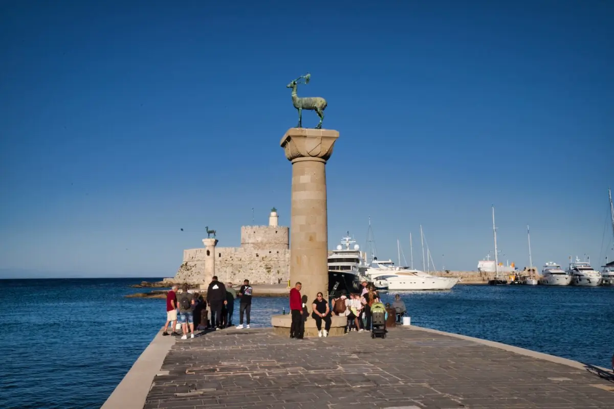deer and doe statues in place of the colossus of rhodes mandraki harbor
